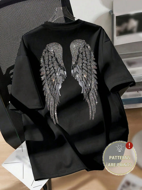 Women Plus Size Casual White Pattern Oversized T-Shirt With Shiny Angel Wings Design, Short Sleeve Round Neck Top, Suitable For Spring/Summer