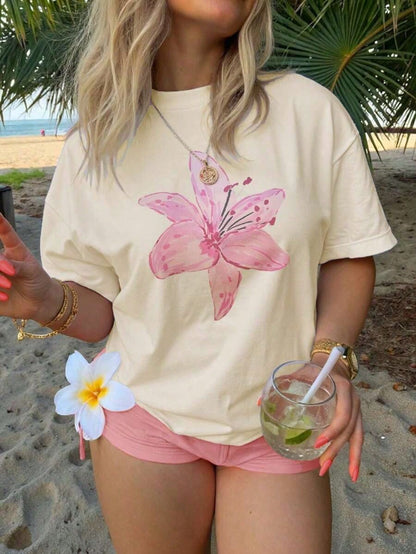 Women Plus Size Cherry Sequin Y2K Floral Minimalist Casual Street Graphic Print Crew Neck Short SleeveWomens Aesthetic Letter/Flower Print Tee Shor