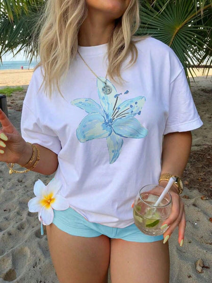 Women Plus Size Cherry Sequin Y2K Floral Minimalist Casual Street Graphic Print Crew Neck Short SleeveWomens Aesthetic Letter/Flower Print Tee Shor