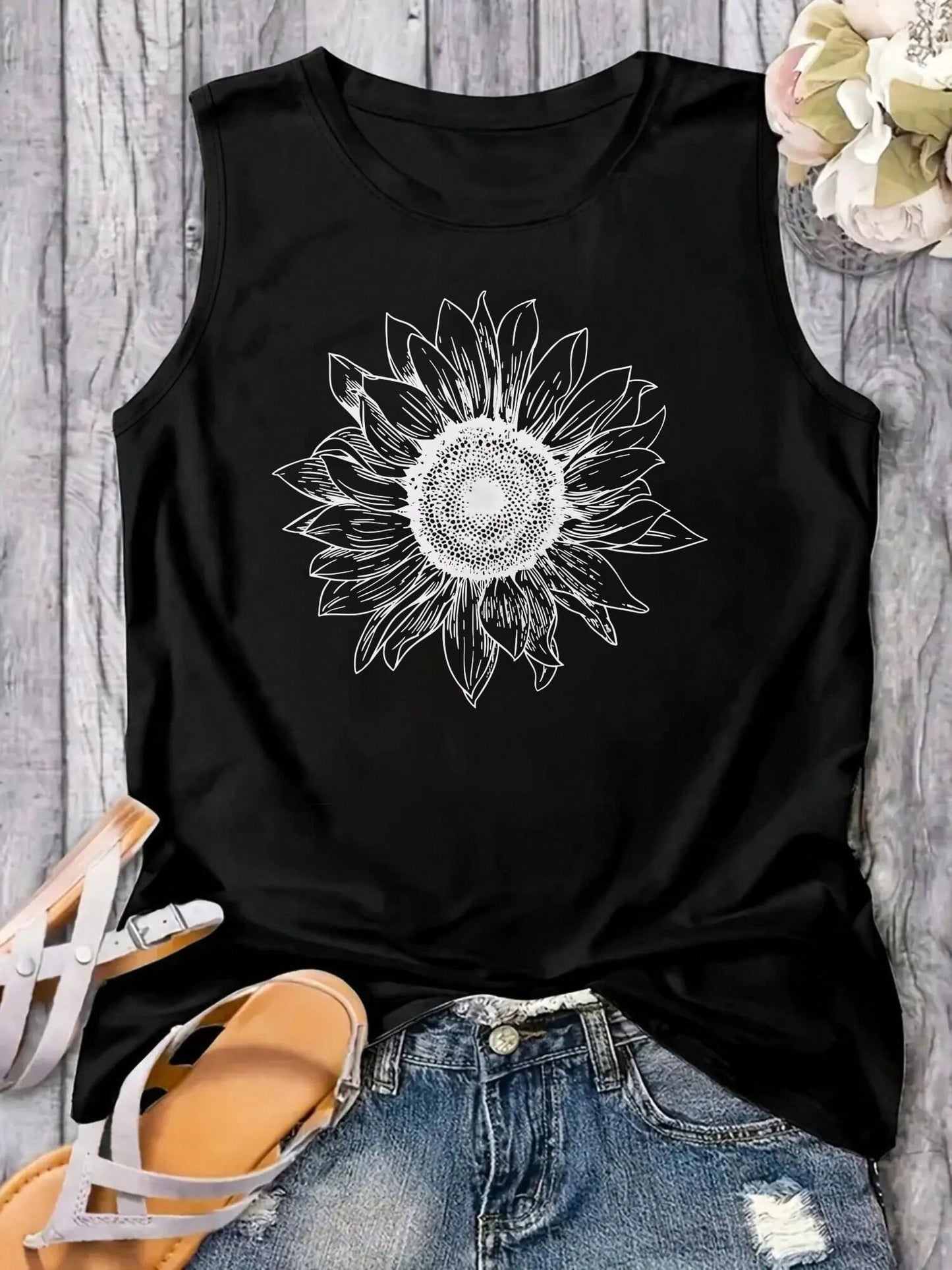 Women Plus Size Round Neck Tank Top Line Art Sunflower Graphic Loose Fit Flowy Summer For Layering Casual & Workout Game Day Christmas Halloween Etc.