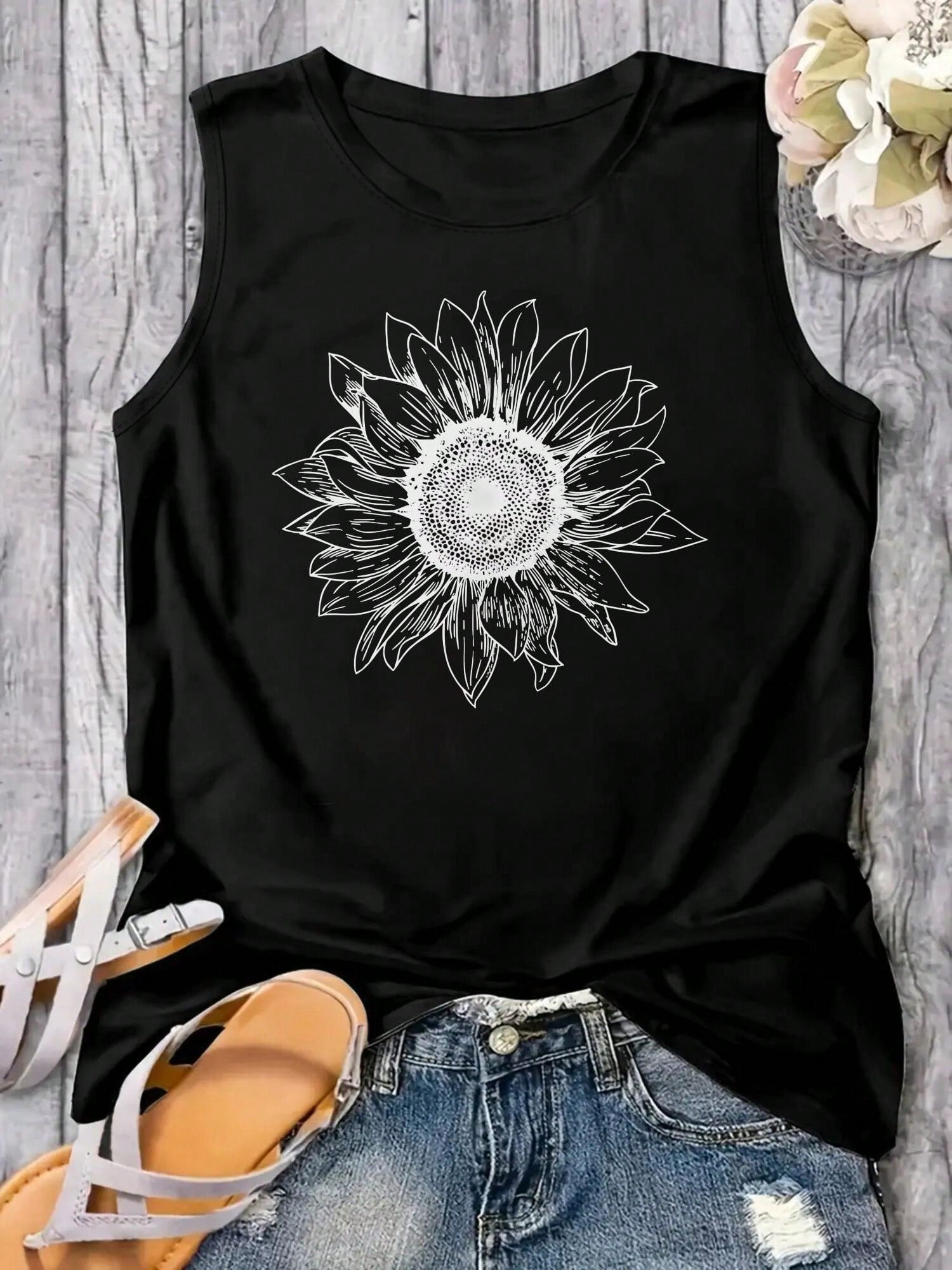 Women Plus Size Round Neck Tank Top Line Art Sunflower Graphic Loose Fit Flowy Summer For Layering Casual & Workout Game Day Christmas Halloween Etc.