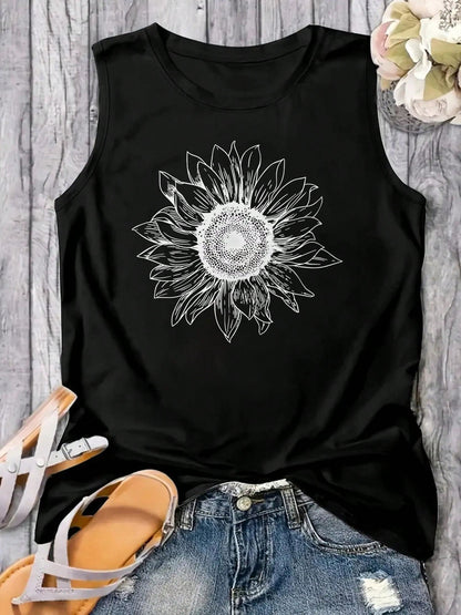 Women Plus Size Round Neck Tank Top Line Art Sunflower Graphic Loose Fit Flowy Summer For Layering Casual & Workout Game Day Christmas Halloween Etc.