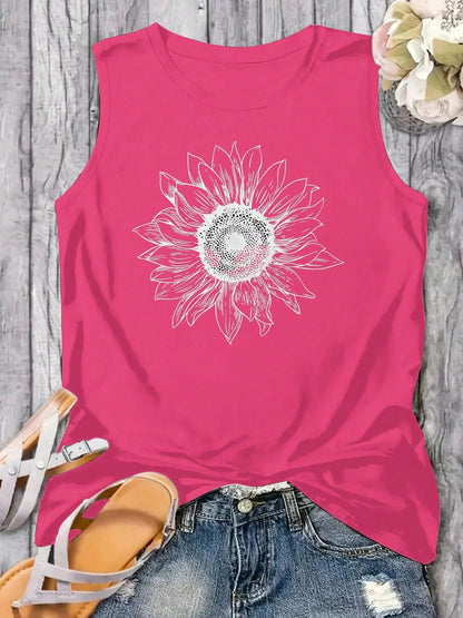Women Plus Size Round Neck Tank Top Line Art Sunflower Graphic Loose Fit Flowy Summer For Layering Casual & Workout Game Day Christmas Halloween Etc.