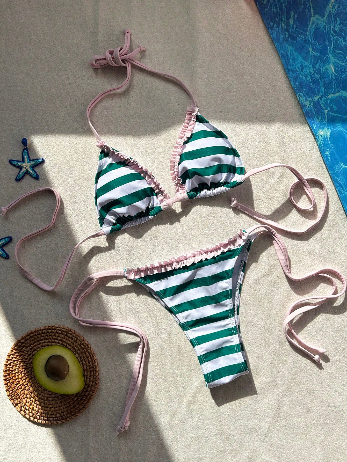 Women's 2-Piece Striped Bikini Swimsuit, Halter Neck Design, Side Tie Bottoms, Backless Style, High Elasticity Fabric