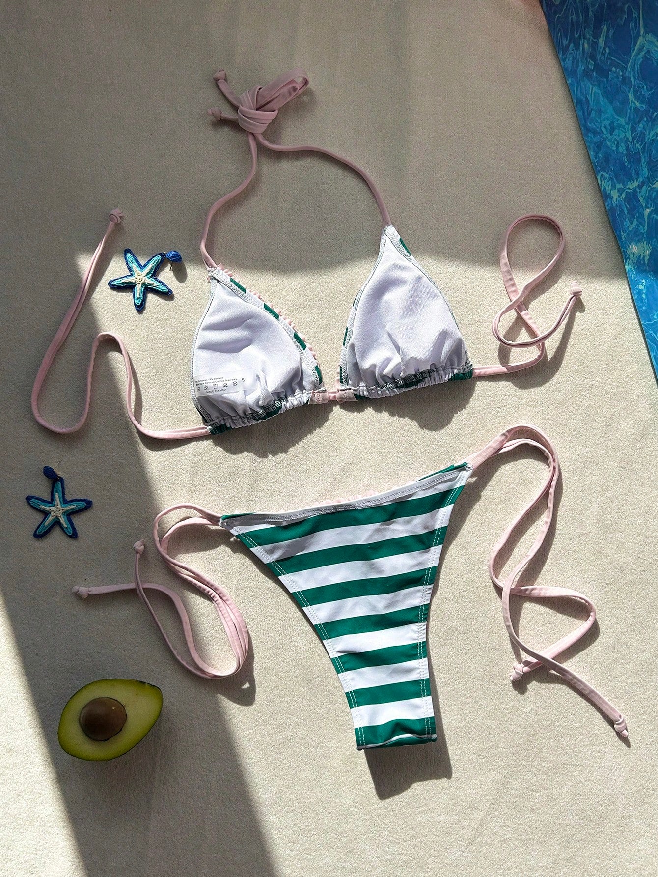 Women's 2-Piece Striped Bikini Swimsuit, Halter Neck Design, Side Tie Bottoms, Backless Style, High Elasticity Fabric