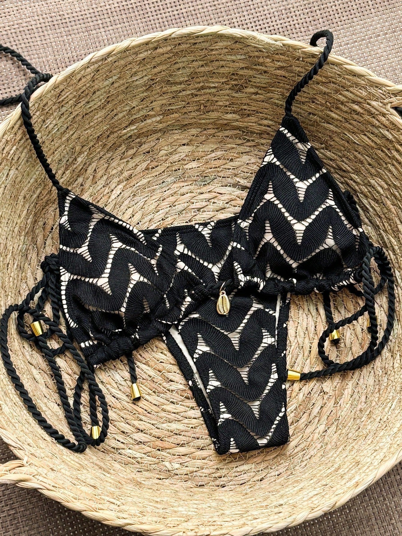 Women's 2026 New Fashion Chic Halter Macrame Rope Net Fabric Metal Pendant Backless Tie Side Swimwear Set, Suitable For Beach, Resort, Spring/Summer/Autumn Vacation Black