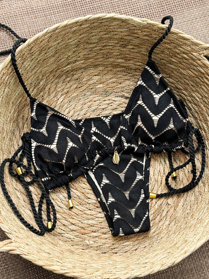 Women's 2026 New Fashion Chic Halter Macrame Rope Net Fabric Metal Pendant Backless Tie Side Swimwear Set, Suitable For Beach, Resort, Spring/Summer/Autumn Vacation Black