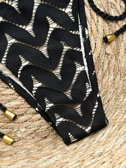 Women's 2026 New Fashion Chic Halter Macrame Rope Net Fabric Metal Pendant Backless Tie Side Swimwear Set, Suitable For Beach, Resort, Spring/Summer/Autumn Vacation Black