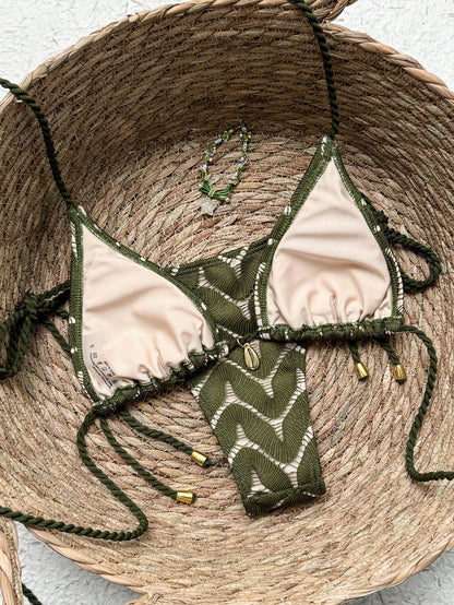 Women's 2026 New Fashion Chic Halter Macrame Rope Net Fabric Metal Pendant Backless Tie Side Swimwear Set, Suitable For Beach, Resort, Spring/Summer/Autumn Vacation Black