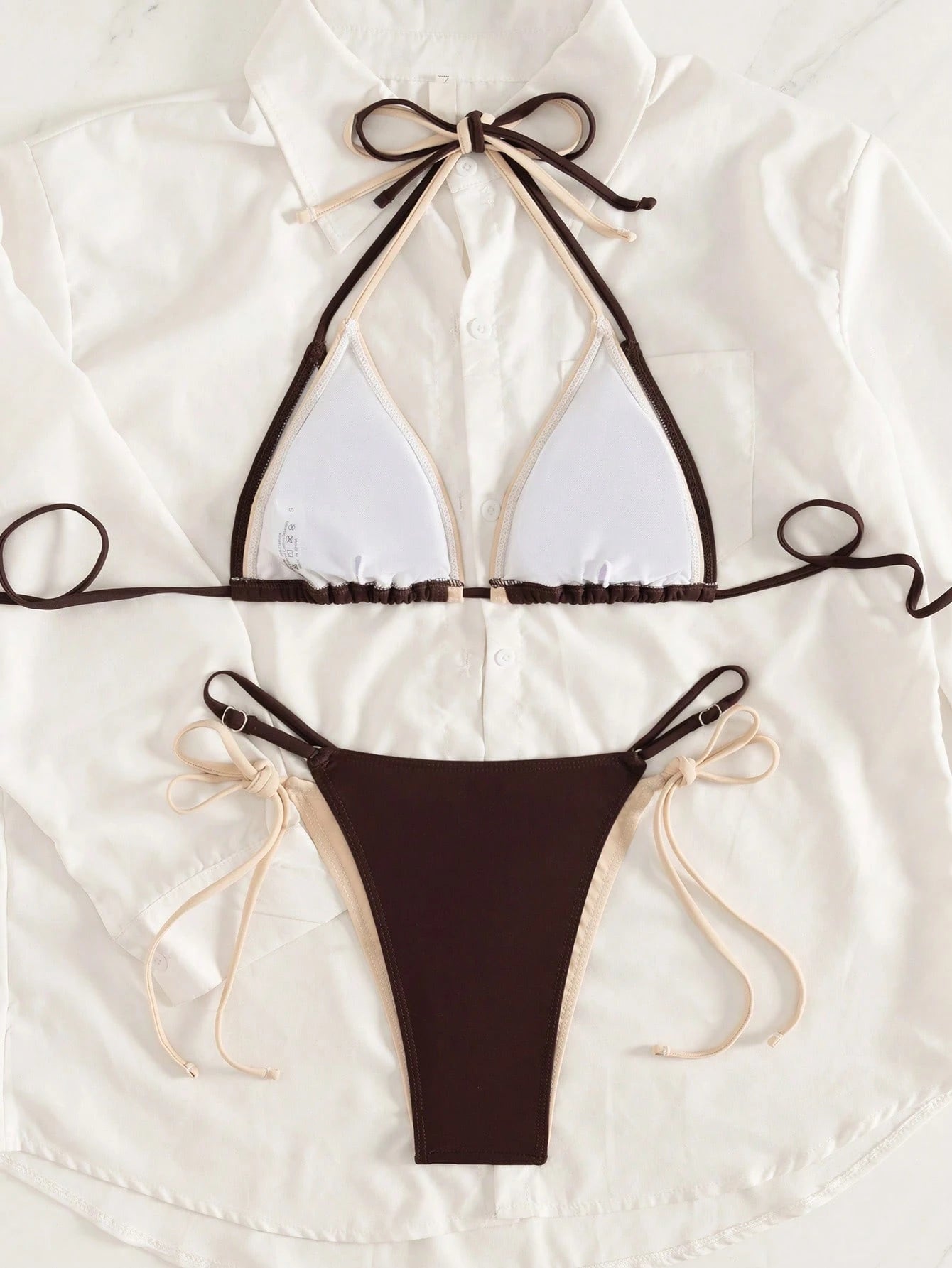 Women's 2026 Sunshine Girl Series June Edition Viral Beige & Contrast Color Elegant Sports Halter Triangle Cup Bikini Two Pieces Swimwear Vacation