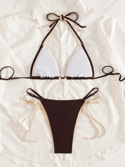 Women's 2026 Sunshine Girl Series June Edition Viral Beige & Contrast Color Elegant Sports Halter Triangle Cup Bikini Two Pieces Swimwear Vacation