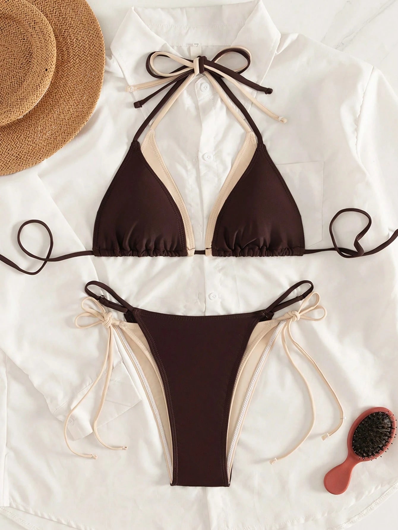 Women's 2026 Sunshine Girl Series June Edition Viral Beige & Contrast Color Elegant Sports Halter Triangle Cup Bikini Two Pieces Swimwear Vacation