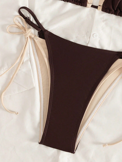 Women's 2026 Sunshine Girl Series June Edition Viral Beige & Contrast Color Elegant Sports Halter Triangle Cup Bikini Two Pieces Swimwear Vacation
