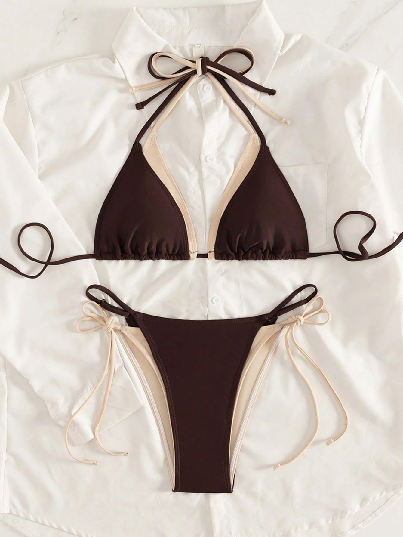 Women's 2026 Sunshine Girl Series June Edition Viral Beige & Contrast Color Elegant Sports Halter Triangle Cup Bikini Two Pieces Swimwear Vacation