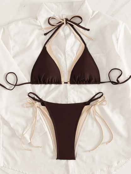 Women's 2026 Sunshine Girl Series June Edition Viral Beige & Contrast Color Elegant Sports Halter Triangle Cup Bikini Two Pieces Swimwear Vacation