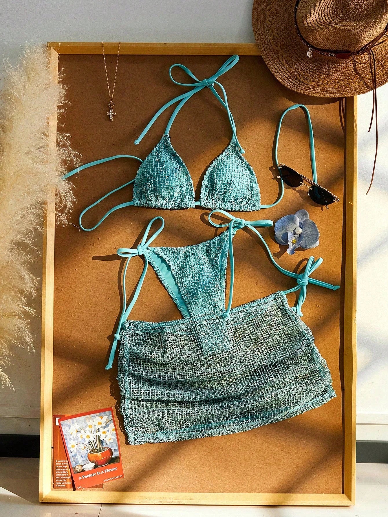 Women's 3-Piece Beach Vacation Bikini Set, Crochet Halter Tie Back, Bohemian Sequin Crochet Cover-Up Dress Summer