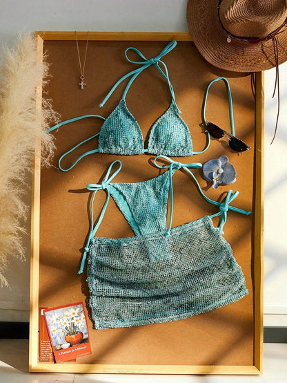 Women's 3-Piece Beach Vacation Bikini Set, Crochet Halter Tie Back, Bohemian Sequin Crochet Cover-Up Dress Summer
