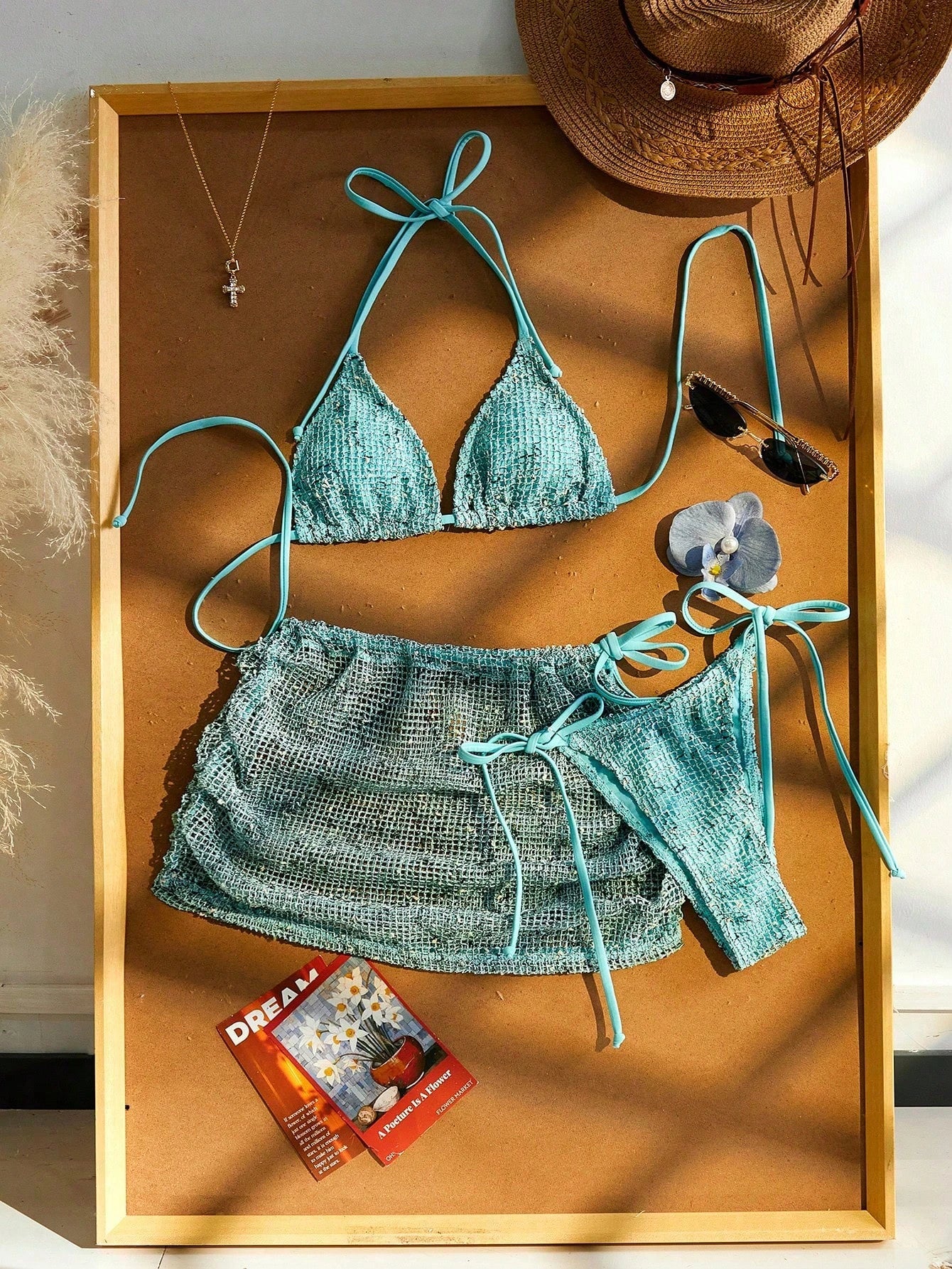 Women's 3-Piece Beach Vacation Bikini Set, Crochet Halter Tie Back, Bohemian Sequin Crochet Cover-Up Dress Summer