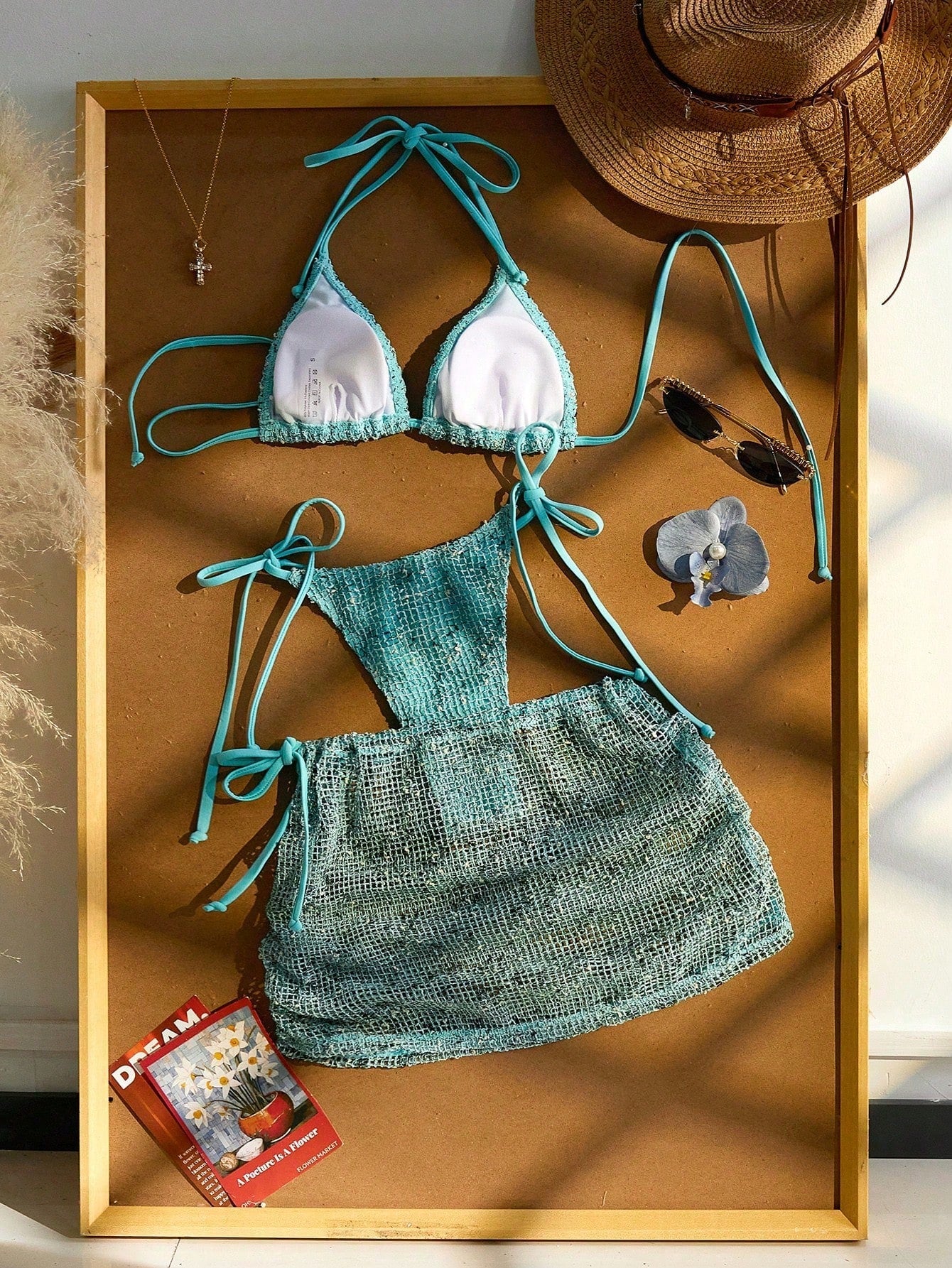 Women's 3-Piece Beach Vacation Bikini Set, Crochet Halter Tie Back, Bohemian Sequin Crochet Cover-Up Dress Summer