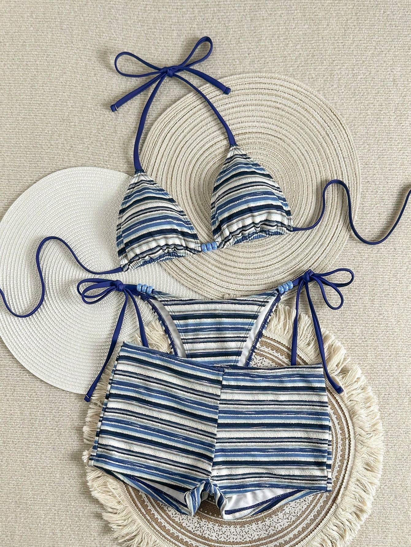 Women's 3-Piece Beachwear Set:Blue And White Stripe Textured Halter Bikini,Summer Casual Holiday Pool Party Vacation Holiday Resort Wear Outfit