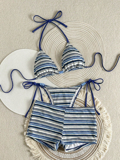 Women's 3-Piece Beachwear Set:Blue And White Stripe Textured Halter Bikini,Summer Casual Holiday Pool Party Vacation Holiday Resort Wear Outfit