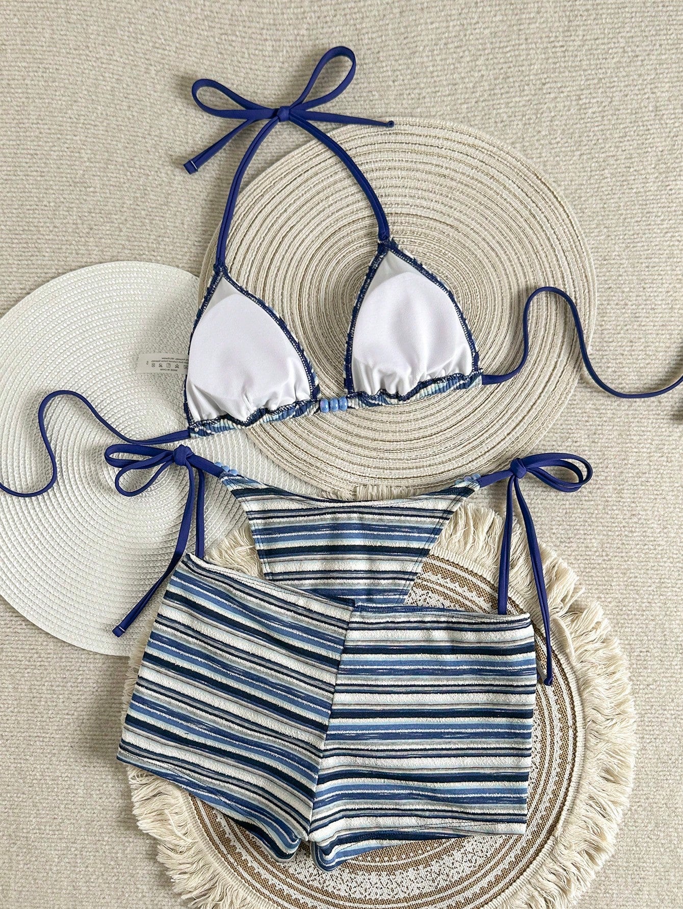 Women's 3-Piece Beachwear Set:Blue And White Stripe Textured Halter Bikini,Summer Casual Holiday Pool Party Vacation Holiday Resort Wear Outfit