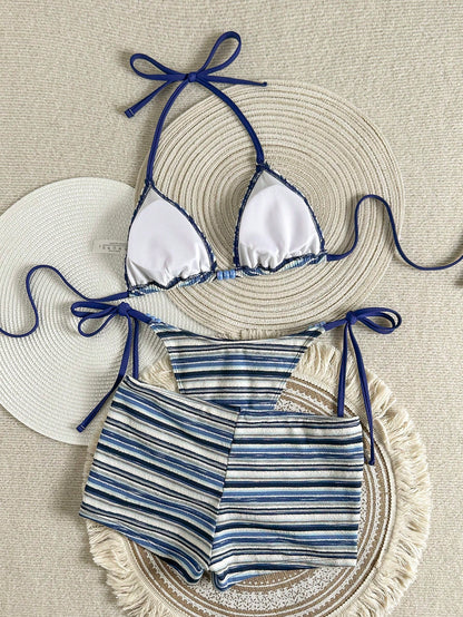 Women's 3-Piece Beachwear Set:Blue And White Stripe Textured Halter Bikini,Summer Casual Holiday Pool Party Vacation Holiday Resort Wear Outfit