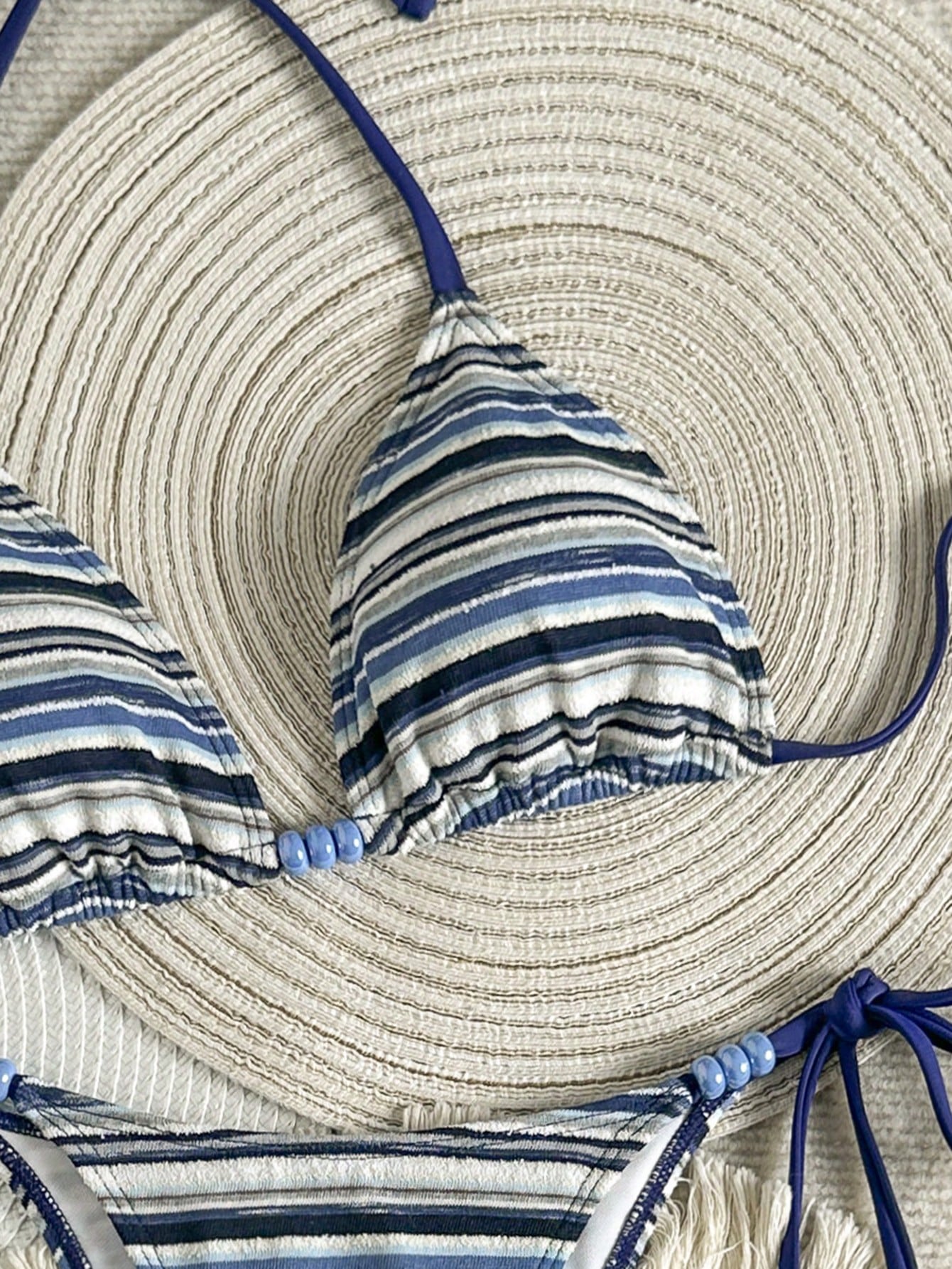 Women's 3-Piece Beachwear Set:Blue And White Stripe Textured Halter Bikini,Summer Casual Holiday Pool Party Vacation Holiday Resort Wear Outfit