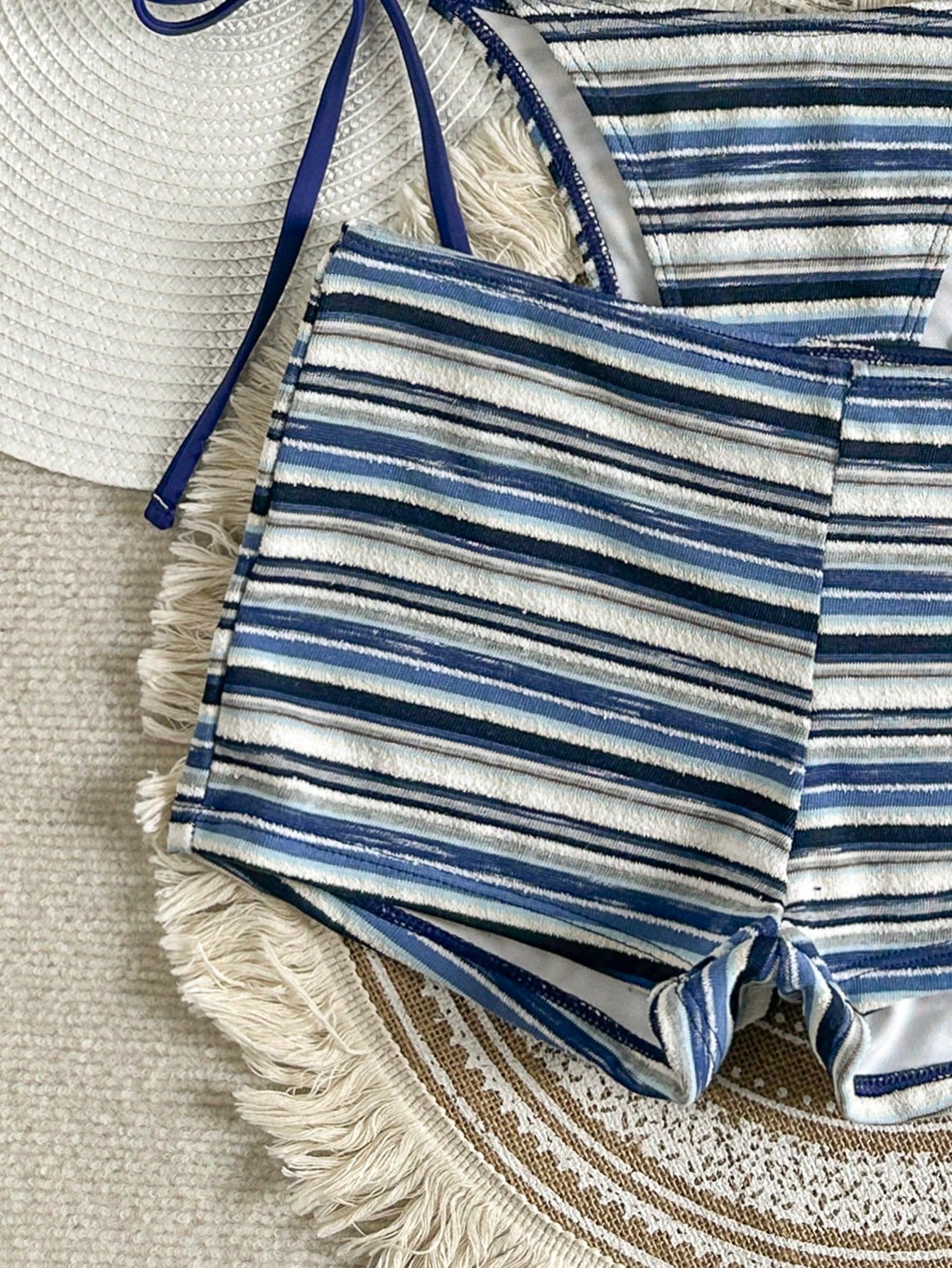 Women's 3-Piece Beachwear Set:Blue And White Stripe Textured Halter Bikini,Summer Casual Holiday Pool Party Vacation Holiday Resort Wear Outfit