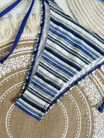 Women's 3-Piece Beachwear Set:Blue And White Stripe Textured Halter Bikini,Summer Casual Holiday Pool Party Vacation Holiday Resort Wear Outfit