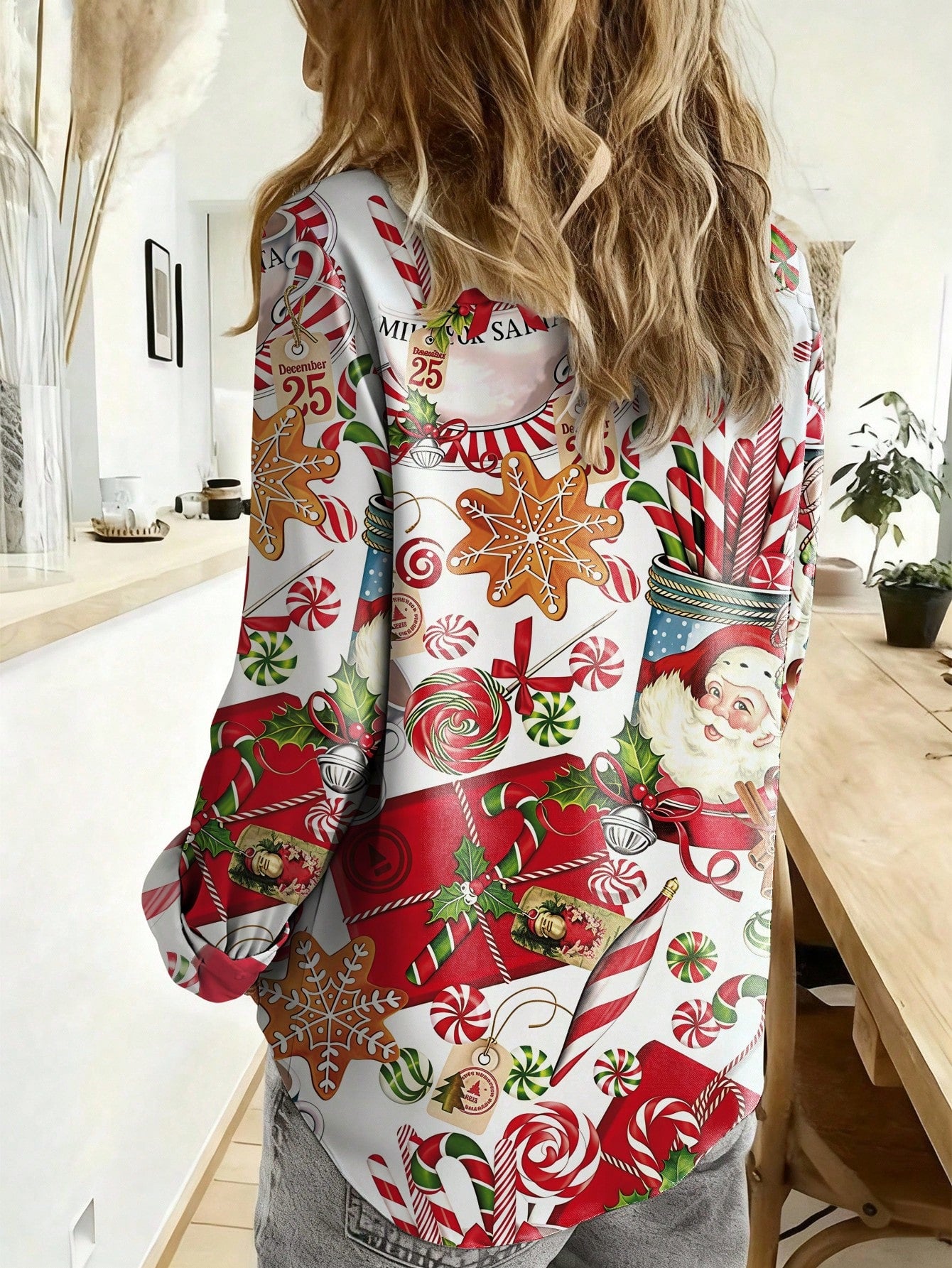 Women's Autumn/Winter All-Over Print Long Sleeve Shirt, European And American Cross-Border Hot Style, Christmas Cartoon Snowflake Front Button, Vintage Holiday Casual Outfit