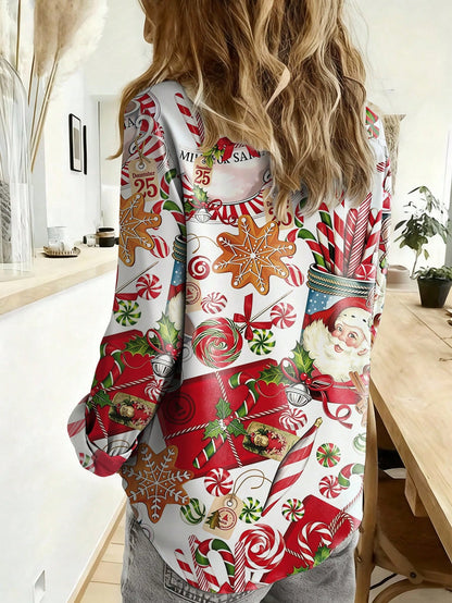 Women's Autumn/Winter All-Over Print Long Sleeve Shirt, European And American Cross-Border Hot Style, Christmas Cartoon Snowflake Front Button, Vintage Holiday Casual Outfit