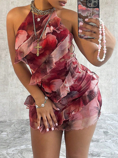 Women's Backless Ruffle Hem Sexy Fashion Party Mini Dress, Summer Elegant Red