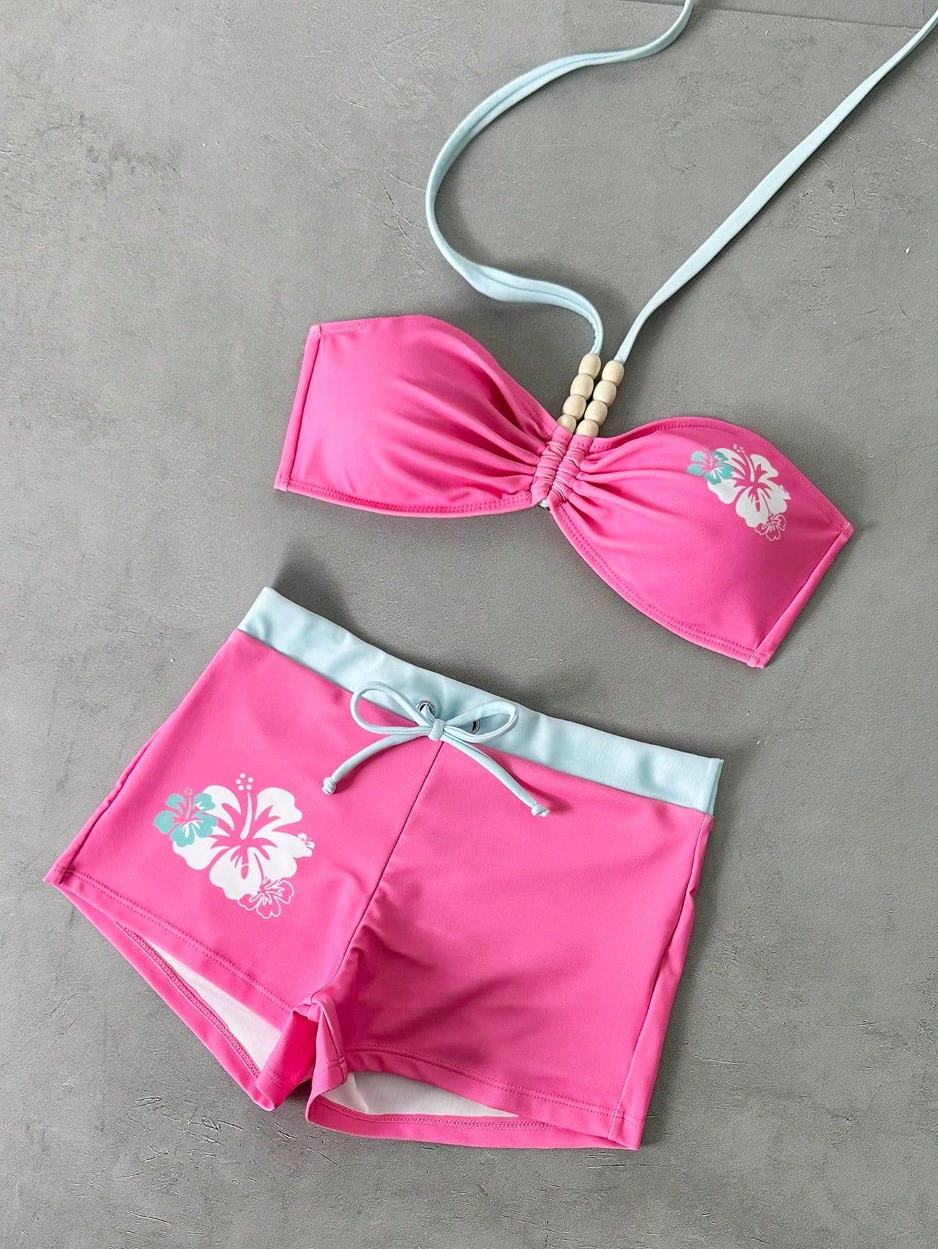 Women's Beach Swimwear Halter Bralette Bikini Set Adorned With Knot And Floral Print, High Stretch Shorts Vacation Summer