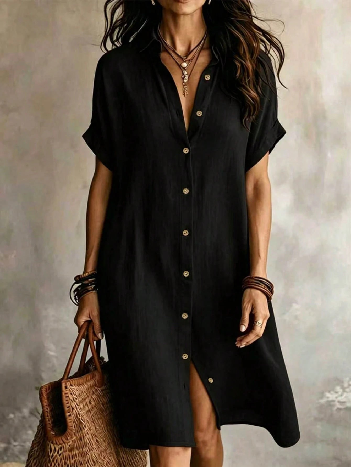 Women's Black Casual Button Front Knee-Length Dress, Short Sleeve, Knitted Fabric Elegant Summer, Work To Weekend