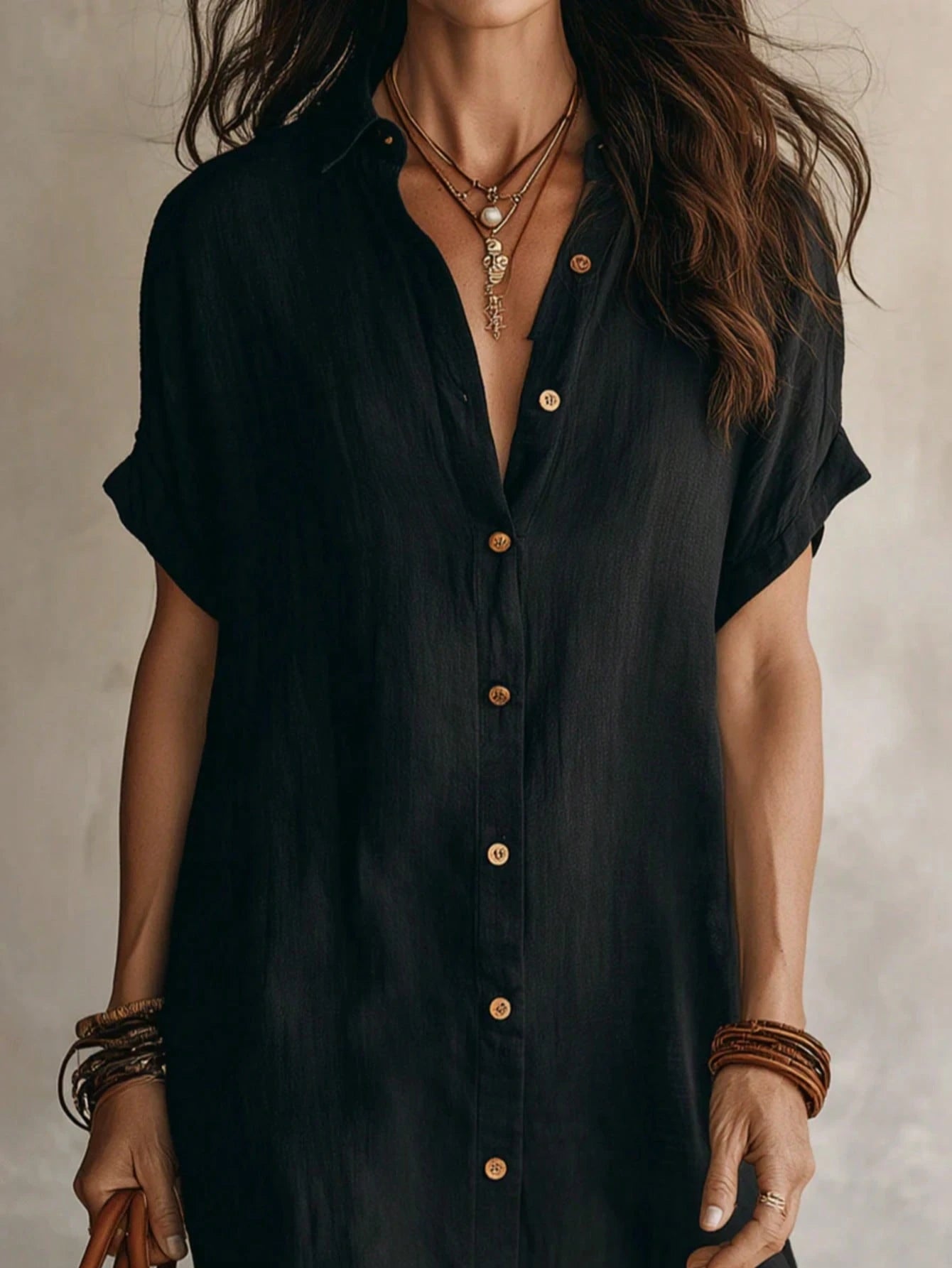 Women's Black Casual Button Front Knee-Length Dress, Short Sleeve, Knitted Fabric Elegant Summer, Work To Weekend