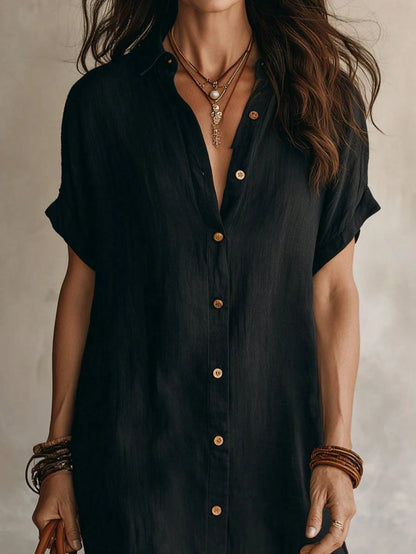 Women's Black Casual Button Front Knee-Length Dress, Short Sleeve, Knitted Fabric Elegant Summer, Work To Weekend