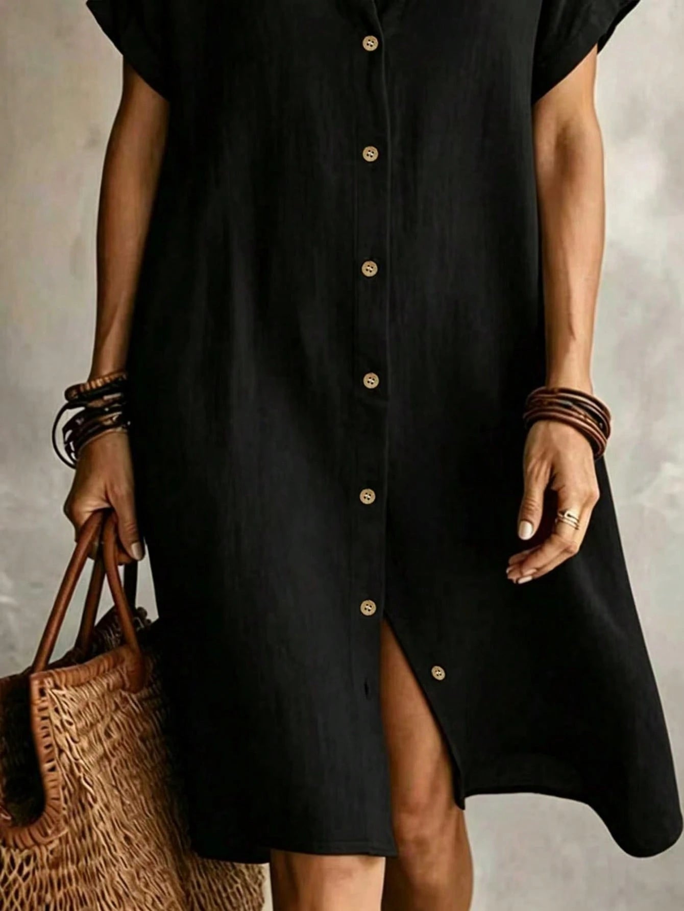 Women's Black Casual Button Front Knee-Length Dress, Short Sleeve, Knitted Fabric Elegant Summer, Work To Weekend