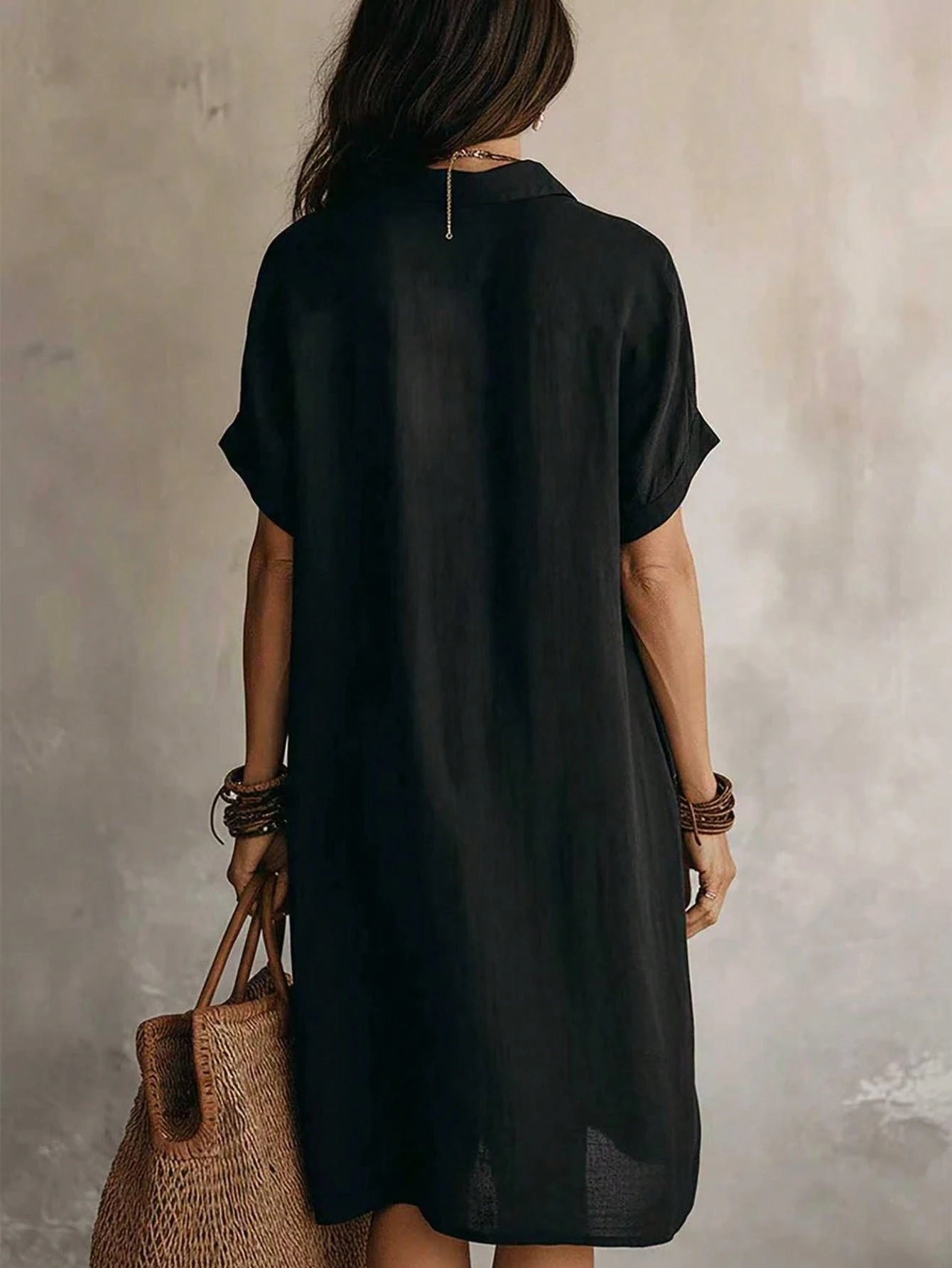 Women's Black Casual Button Front Knee-Length Dress, Short Sleeve, Knitted Fabric Elegant Summer, Work To Weekend