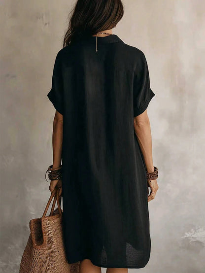 Women's Black Casual Button Front Knee-Length Dress, Short Sleeve, Knitted Fabric Elegant Summer, Work To Weekend