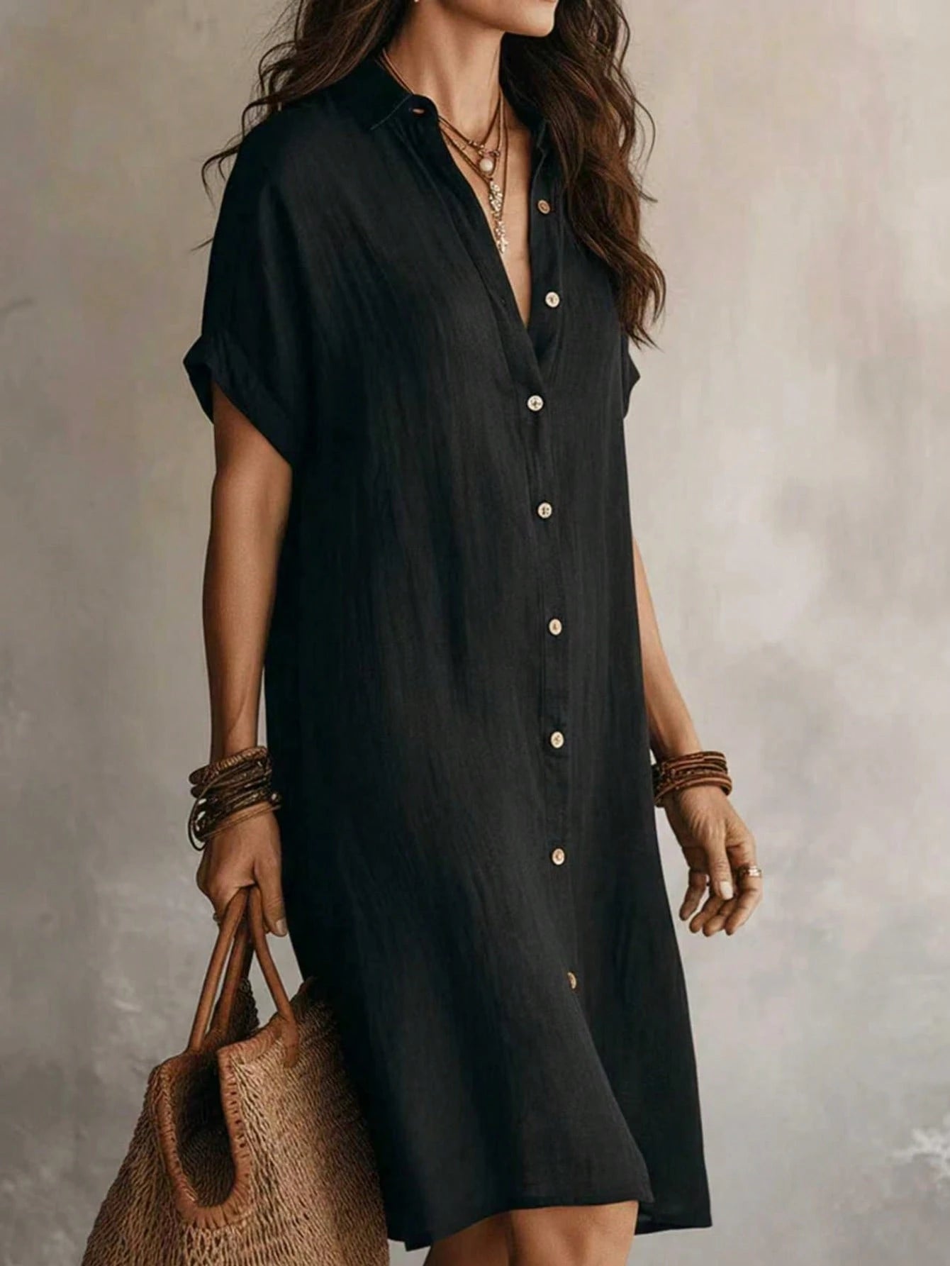 Women's Black Casual Button Front Knee-Length Dress, Short Sleeve, Knitted Fabric Elegant Summer, Work To Weekend
