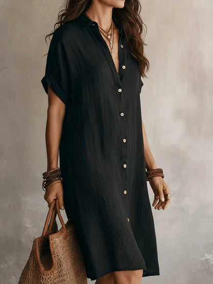 Women's Black Casual Button Front Knee-Length Dress, Short Sleeve, Knitted Fabric Elegant Summer, Work To Weekend