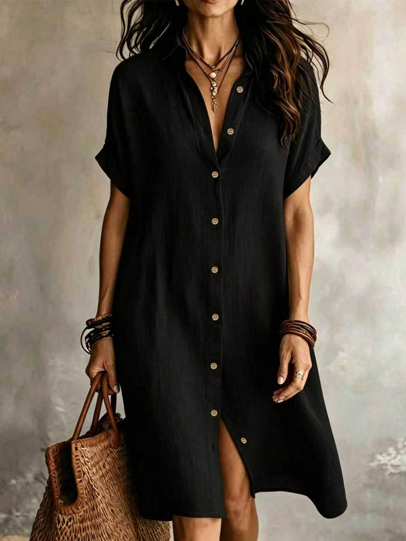 Women's Black Casual Button Front Knee-Length Dress, Short Sleeve, Knitted Fabric Elegant Summer, Work To Weekend