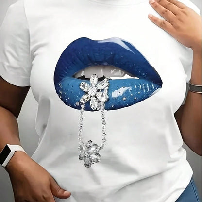 Women's Black T-Shirt With Blue Lips& Diamond-Studded Chain Print- Casual Crew Neck, Short Sleeve, Micro Stretch Fabric, Perfect For Summer Wear