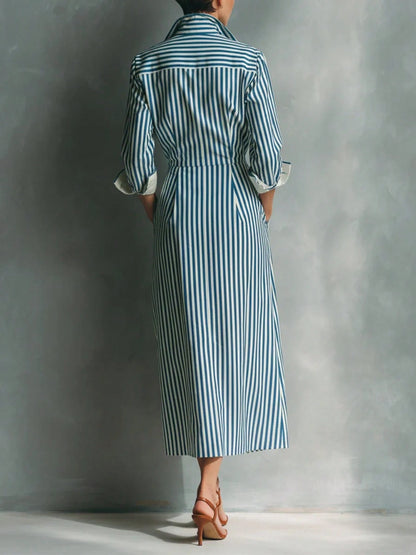 Women's Blue And White Striped Shirt Dress With Red Chest Pockets