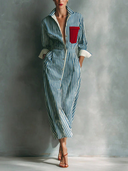 Women's Blue And White Striped Shirt Dress With Red Chest Pockets