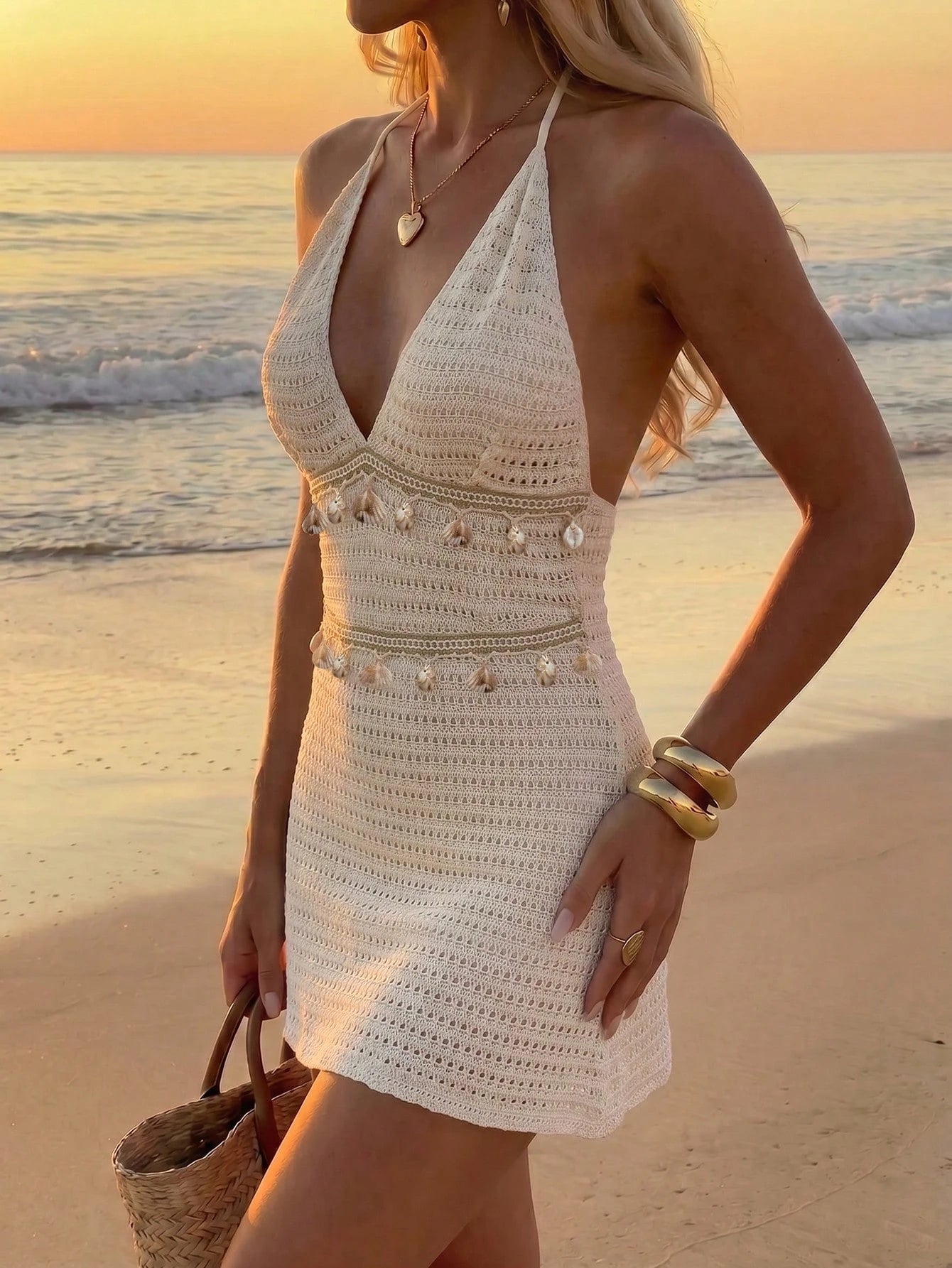 Women's Bohemian Style Vacation Crochet Knit Spaghetti Strap Dress, Shell Decor, Semi-Sheer Short Summer Cover-Up Beach