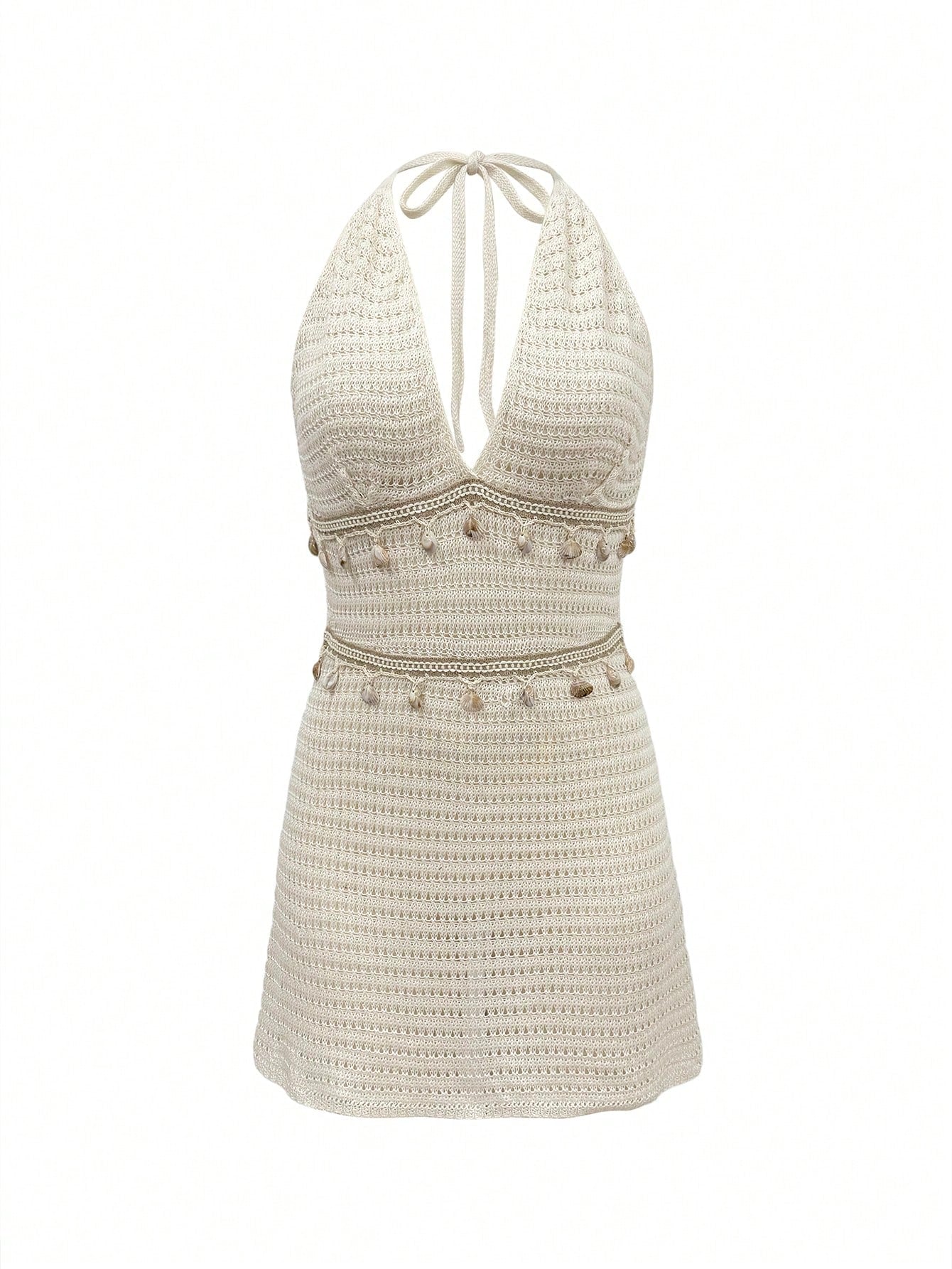 Women's Bohemian Style Vacation Crochet Knit Spaghetti Strap Dress, Shell Decor, Semi-Sheer Short Summer Cover-Up Beach