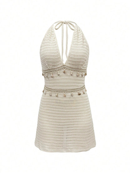 Women's Bohemian Style Vacation Crochet Knit Spaghetti Strap Dress, Shell Decor, Semi-Sheer Short Summer Cover-Up Beach
