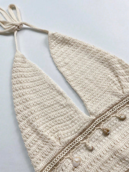 Women's Bohemian Style Vacation Crochet Knit Spaghetti Strap Dress, Shell Decor, Semi-Sheer Short Summer Cover-Up Beach